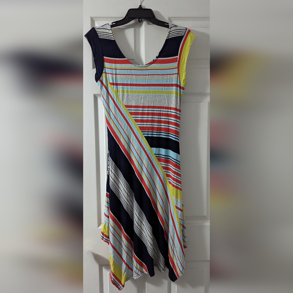 Multi color  asymmetrical hem mid- length dress with cap sleeve